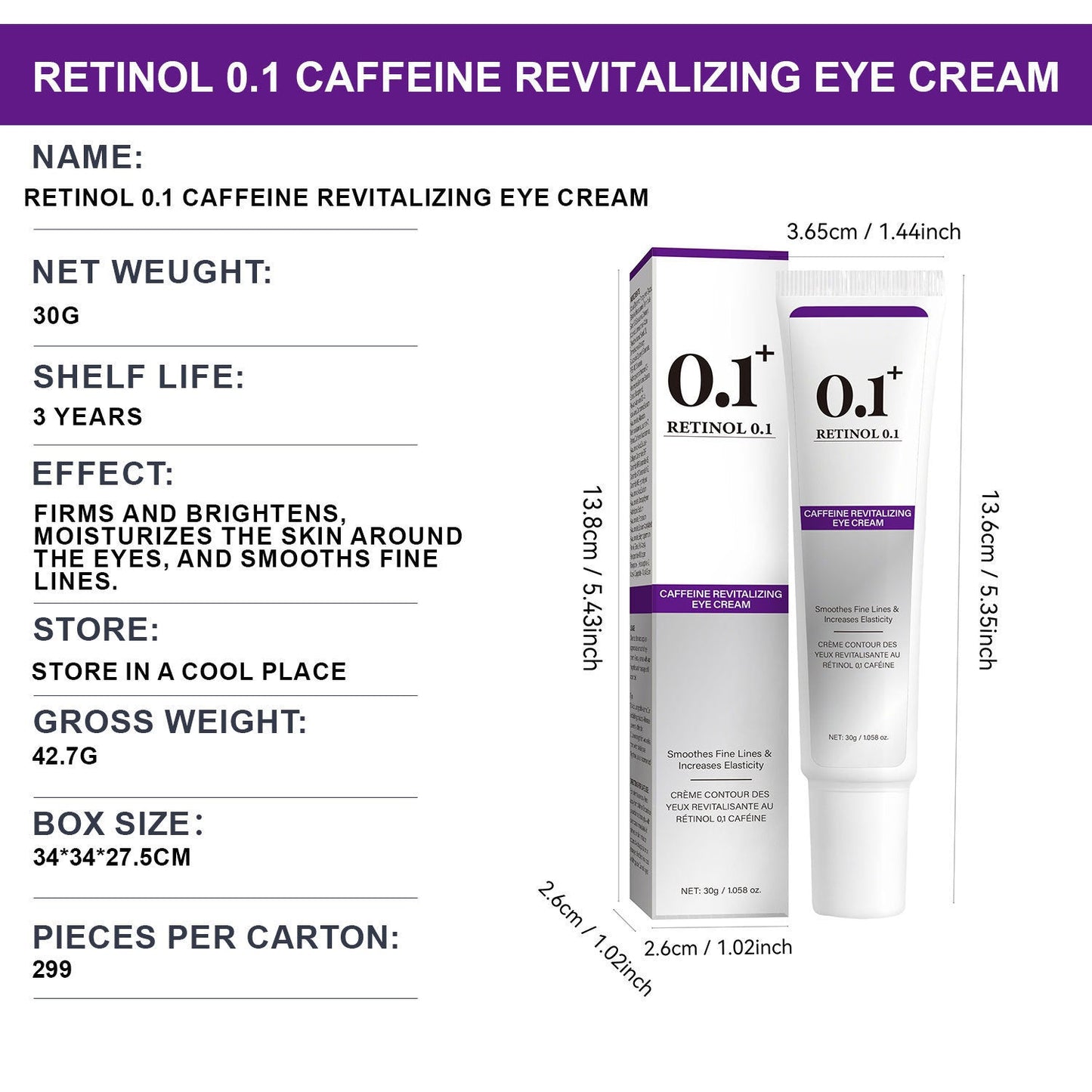Retinol 0.1 Caffeine Eye Cream for Firming, Anti-Wrinkle, and Brightening
