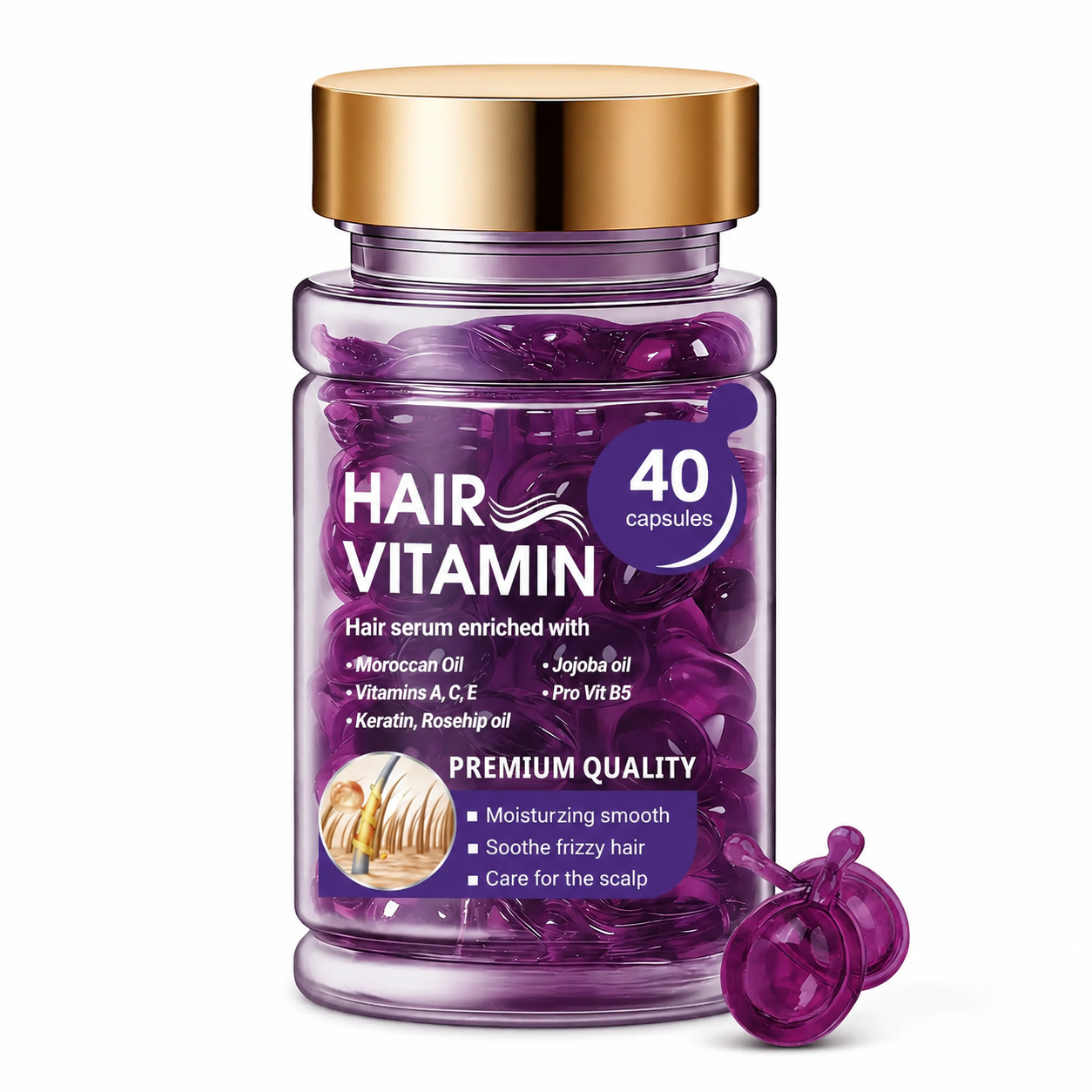 Hair Vitamin Capsules Infused with Violet Vitamins & Argan Oil for Color-Treated & Permed Hair Smooths Frizz Restores Silkiness & Shine 40 Capsules.