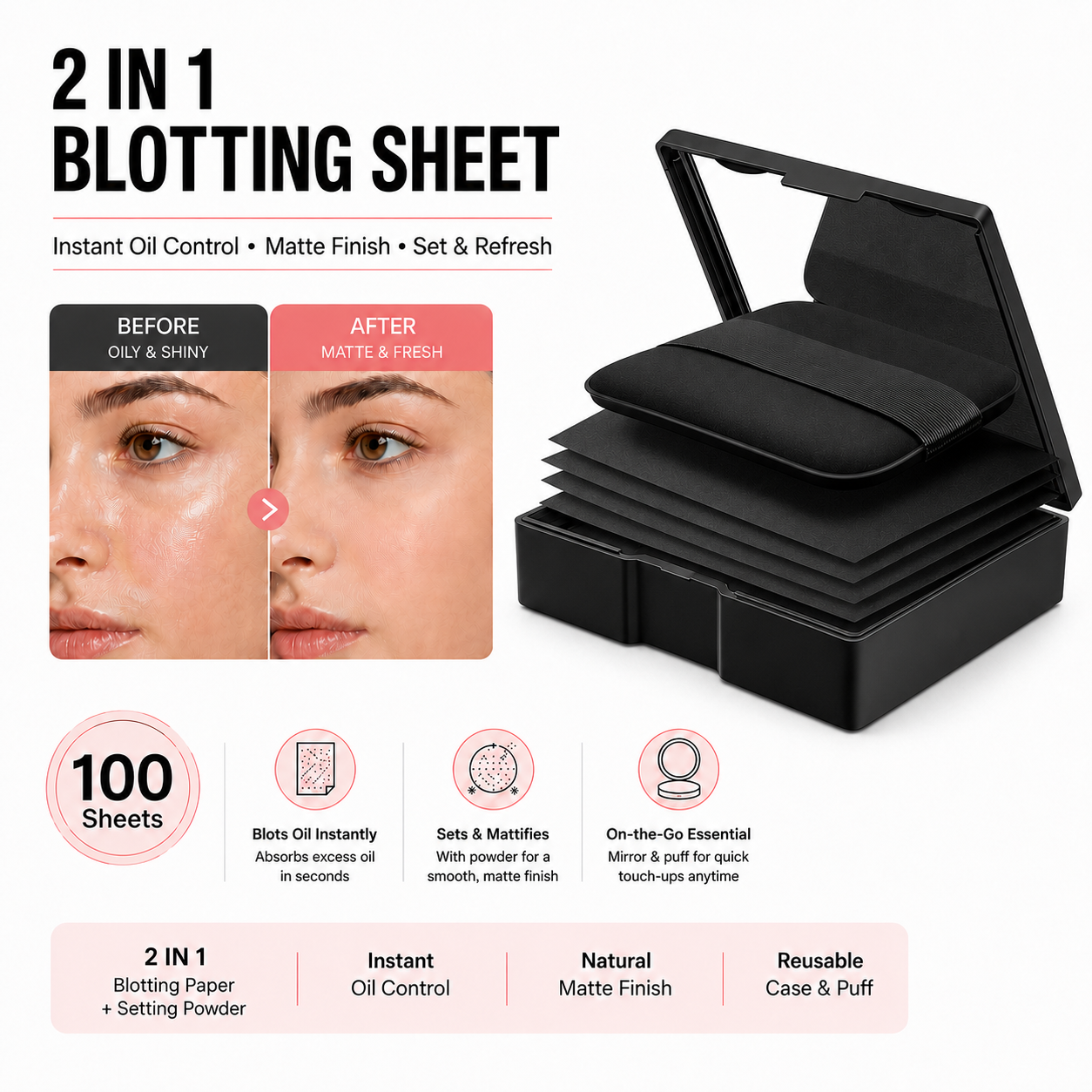 🔥Last Day-Buy 1 Get 1 Free🔥2-in-1 Oil-Control Blotting & Setting Sheets with Powder, Mirror Puff and Reusable Case – 100 Sheets