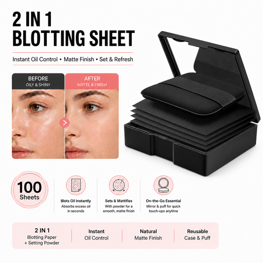 🔥Last Day-Buy 1 Get 1 Free🔥2-in-1 Oil-Control Blotting & Setting Sheets with Powder, Mirror Puff and Reusable Case – 100 Sheets