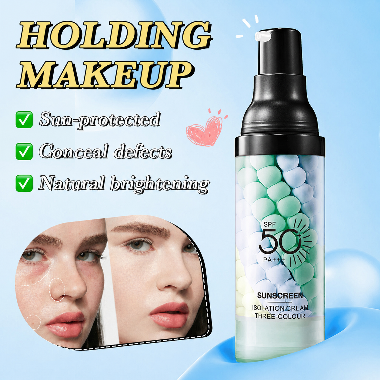 3-in-1 Sunscreen Isolation Cream,SPF 50+ PA+++  Color Corrector Face Primer, Pre-Makeup Base for Oil Control, Moisturizing & Pore-Blurring, Luminous Even Skin Tone