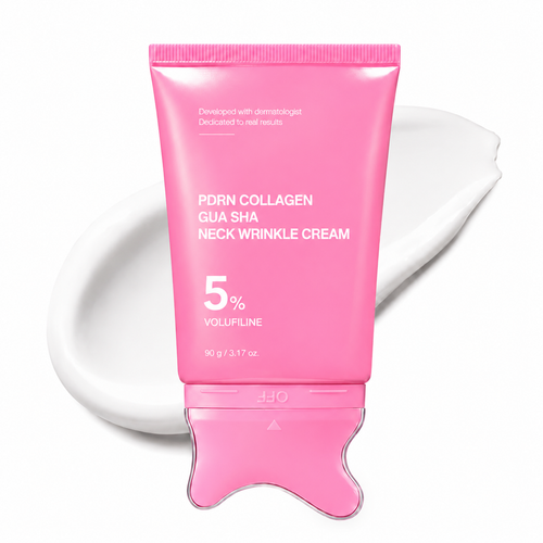 PDRN Collagen Gua Sha Neck Wrinkle Cream | Built-In Gua Sha Massager with Volufiline 5% + PDRN | Firming, Contour Care for the Look of Fine Lines, Jawline, Neck, Décolleté